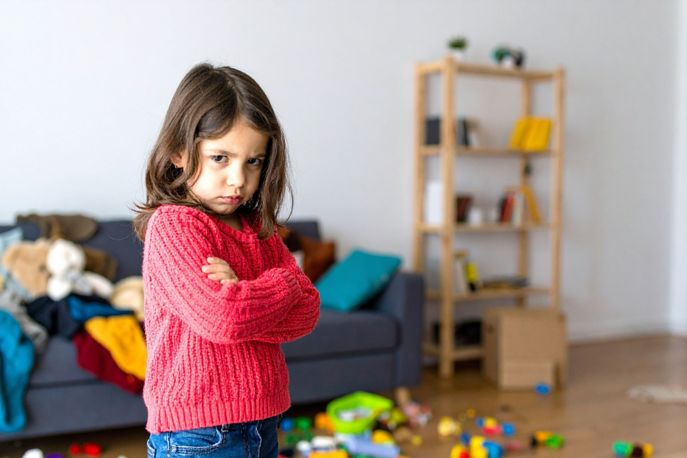 Petite fille en colère bras croisés, illustration de la gestion des émotions chez l'enfant en sophrologie